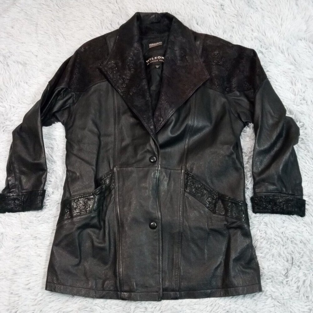 Wilsons Womens Jacket Coat Leather Black XS Thinsulate‎ Snap Up Pockets Floral
